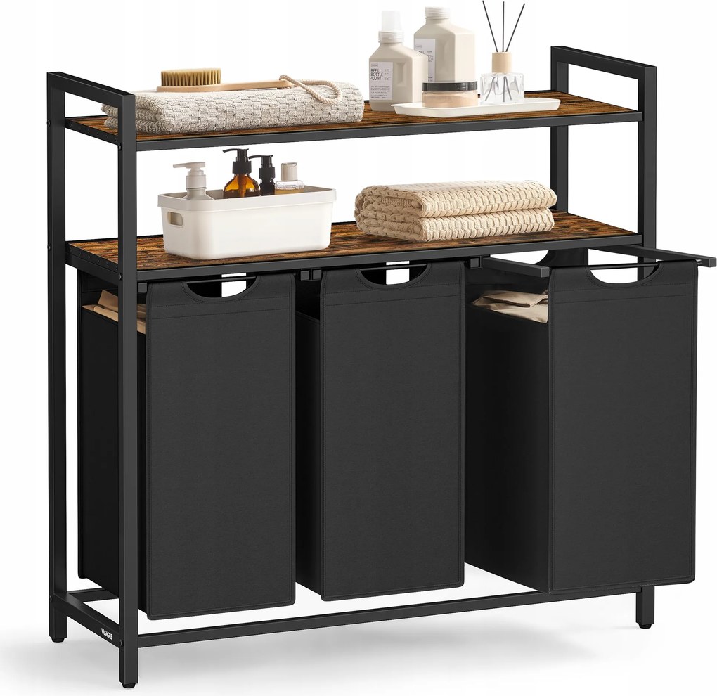 Szennyestartó kosár 3 kihúzható és kivehető zsákkal, 2 polccal 40L