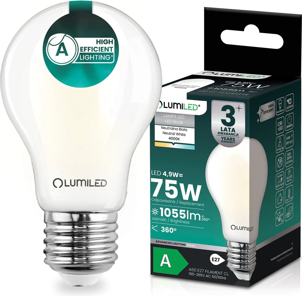 Led E27 Filament Izzó A Osztály 4,9W 1055LM 75W 4000K 360° Lumiled