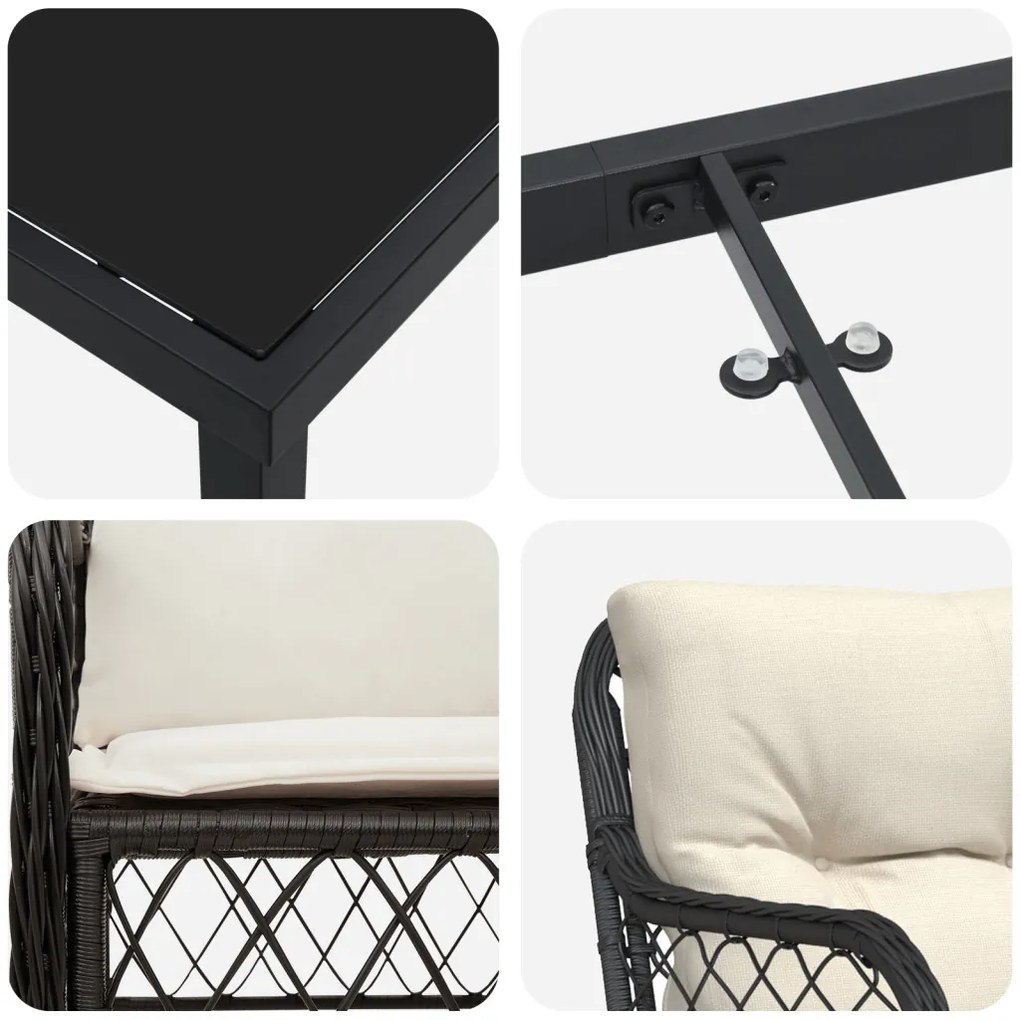 5 részes Kerti Étkező Szett Párnákkal Fekete Poly Rattan