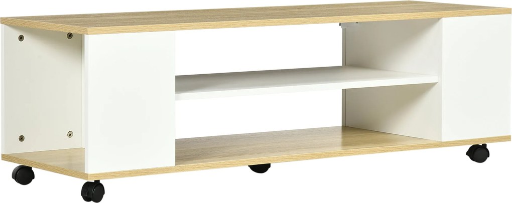 HOMCOM TV állvány kerekekkel - Floating TV állvány 2 tárolópolccal 55 hüvelykes tévékhez - 120x40x38.5 cm Fehér | Aosom