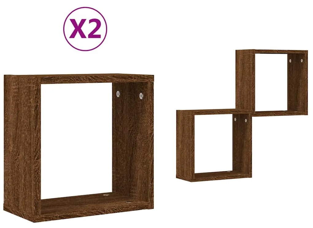 2 db barna tölgy színű fali kockapolc 30 x 15 x 30 cm
