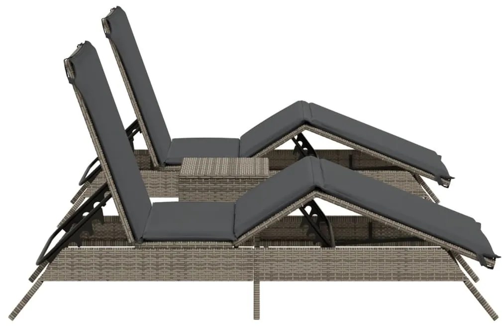 2 db szürke polyrattan napozóágy asztallal