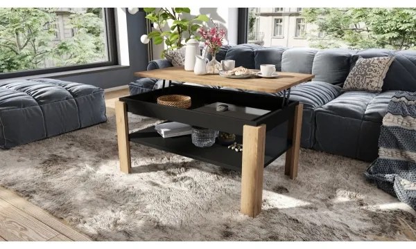 Bővíthető dohányzóasztal emelhető asztallappal és polccal ADEN craft tölgy/fekete