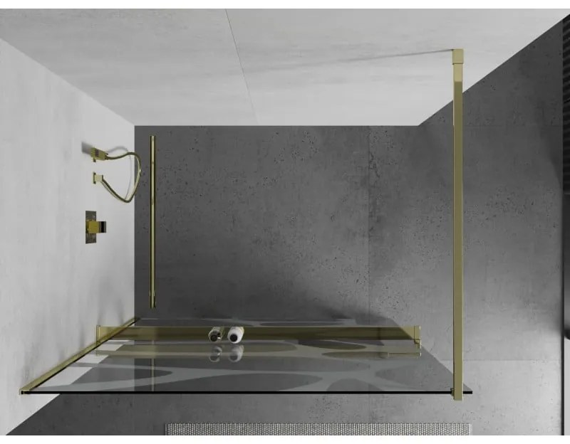Mexen Kioto +, zuhany paraván polccal és törölközőtartóval 140 x 200 cm, 8mm átlátszó üvegmintás fehér, arany profil 800-140-121-50-97