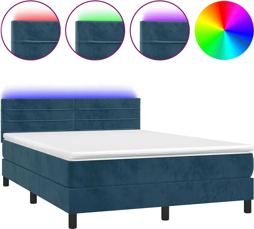 vidaXL sötétkék bársony rugós és LED-es ágy matraccal 140x200 cm