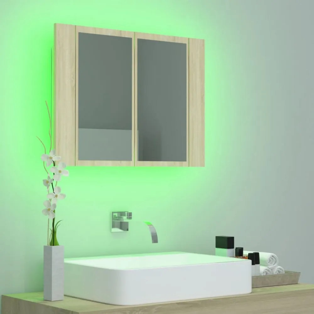 tölgyszínű akril LED-es tükrös fürdőszobaszekrény 60x12x45 cm