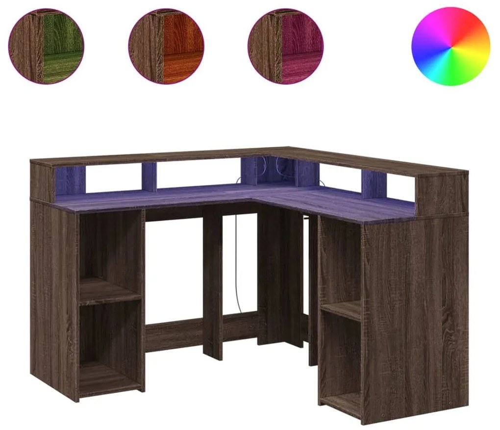 barna tölgy színű szerelt fa íróasztal LED-ekkel 130x130x91 cm