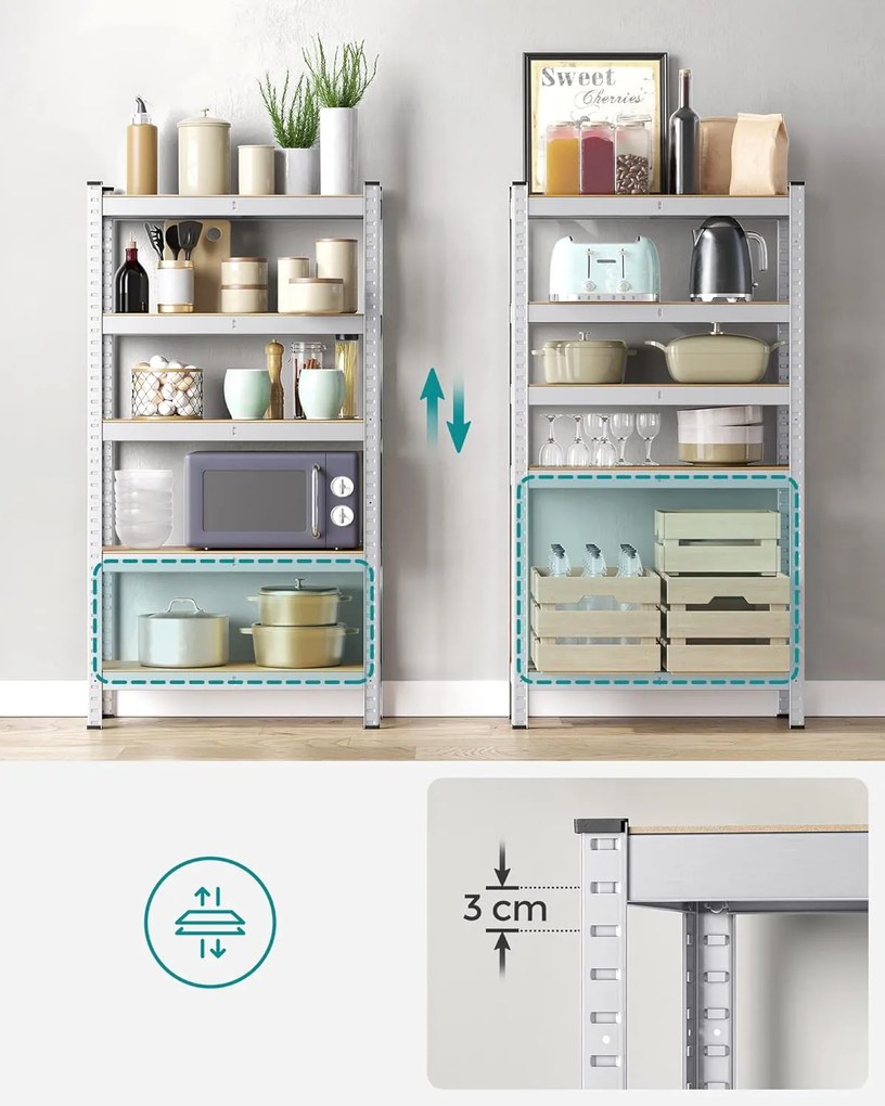 5 szintes polcrendszer, acél polcrendszer tároláshoz, csavarmentes összeszerelés, teherbírás 650 kg, 30 x 75 x 150 cm, ezüst