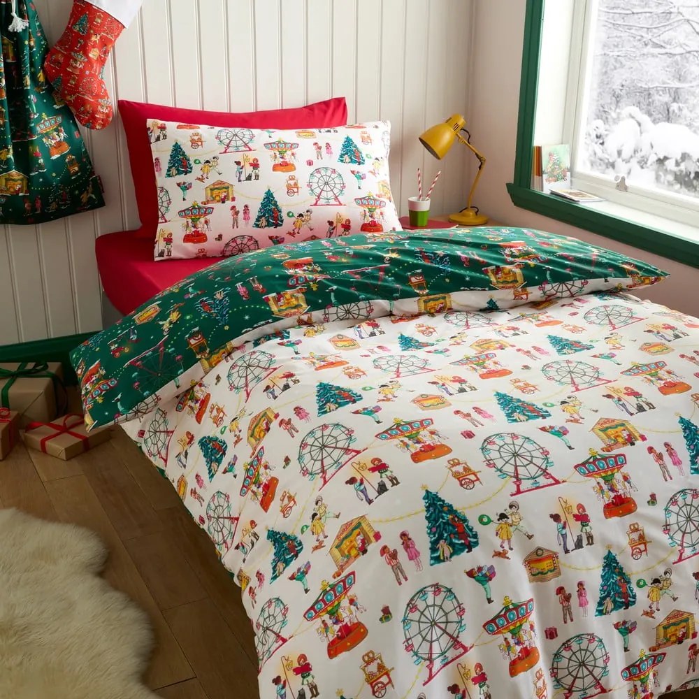 Zöld egyszemélyes pamut gyerek ágyneműhuzat 135x200 cm Christmas Fairground – Belle &amp; Boo