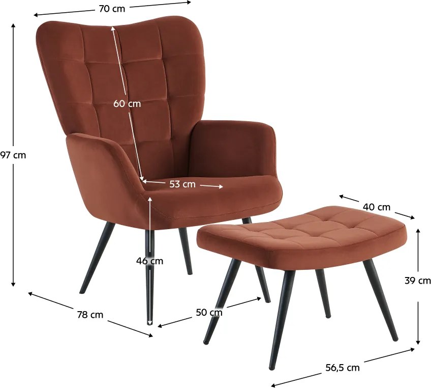 Fotel lábtartóval, barna Velvet szövet/fekete, HABEN