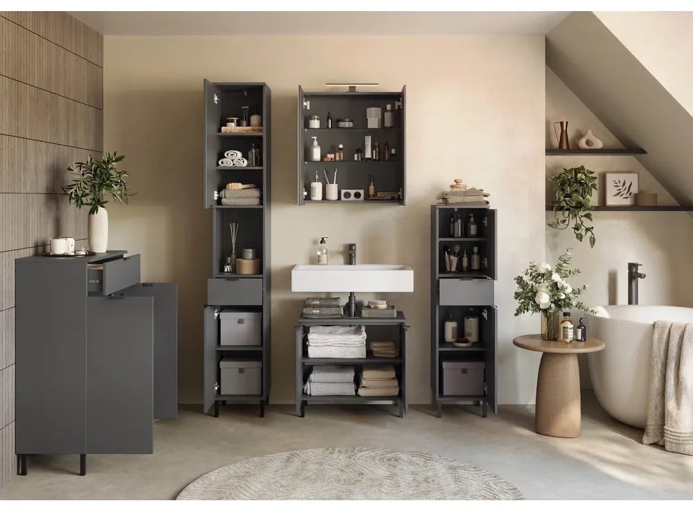 Antracitszürke fali tükrös fürdőszoba szekrény 60x71 cm Arcena – Germania