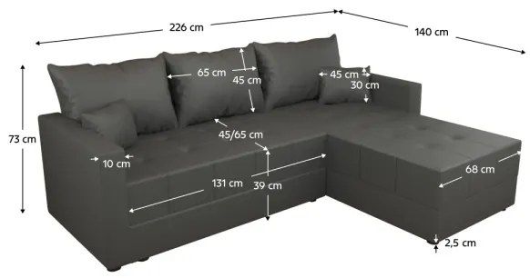 Univerzális, L-alakú, kihúzható sarokülőgarnitúra DUBLIN, szürke