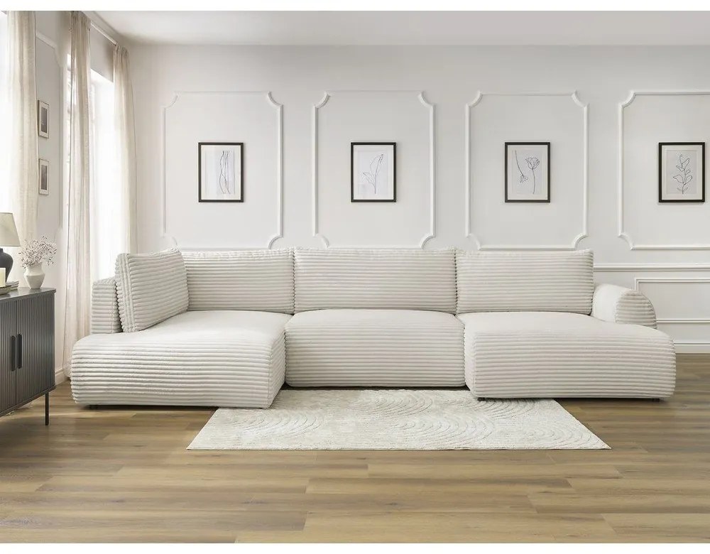 Krémszínű kordbársony kinyitható sarokkanapé (jobb oldali-U alakú) Lucien – Bobochic Paris