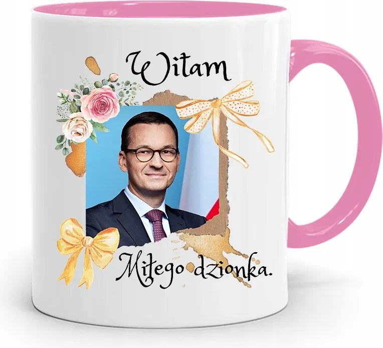 Rózsaszín Politikai Bögre Mateusz Morawiecki Miniszterelnök fényképes nyomtatással