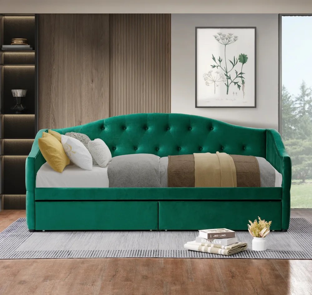 Ágy tárhellyel, 90x200, zöld Velvet szövet, ZASKA