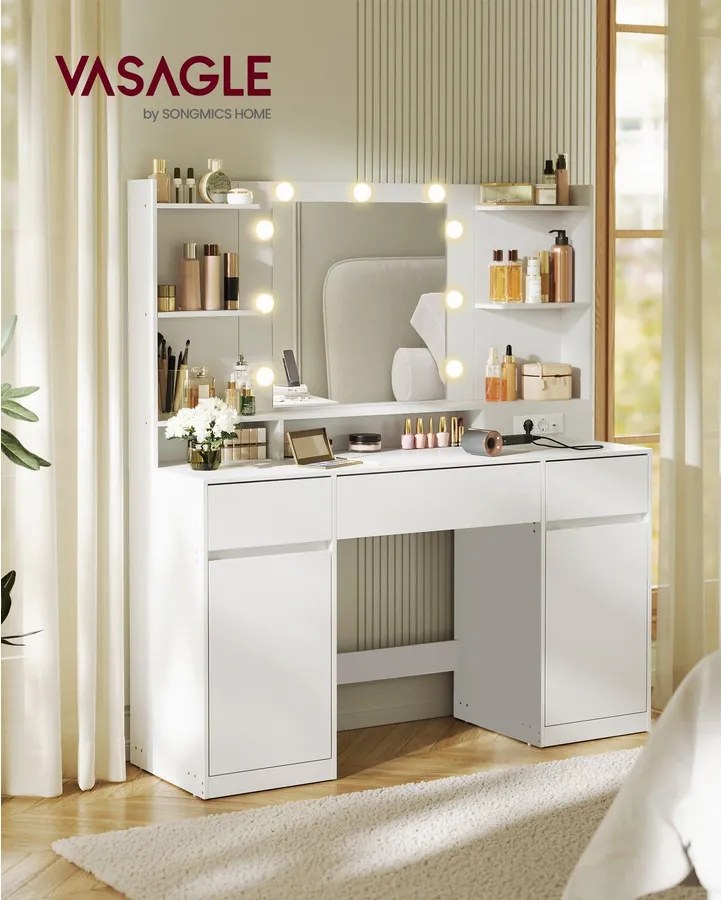 KAILYN Fésülködő asztal, tükrös sminkasztal LED világítással puffal és 2 szekrénnyel