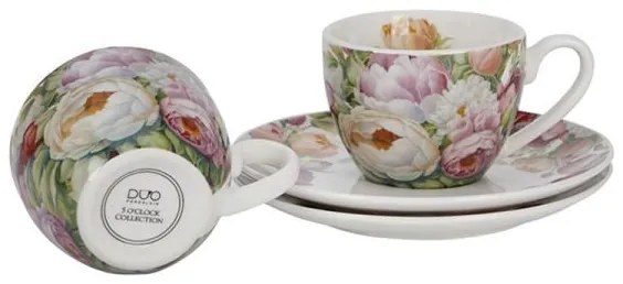 Pünkösdi rózsás porcelán csésze aljjal - 270 ml - 2 személyes készlet díszdobozban