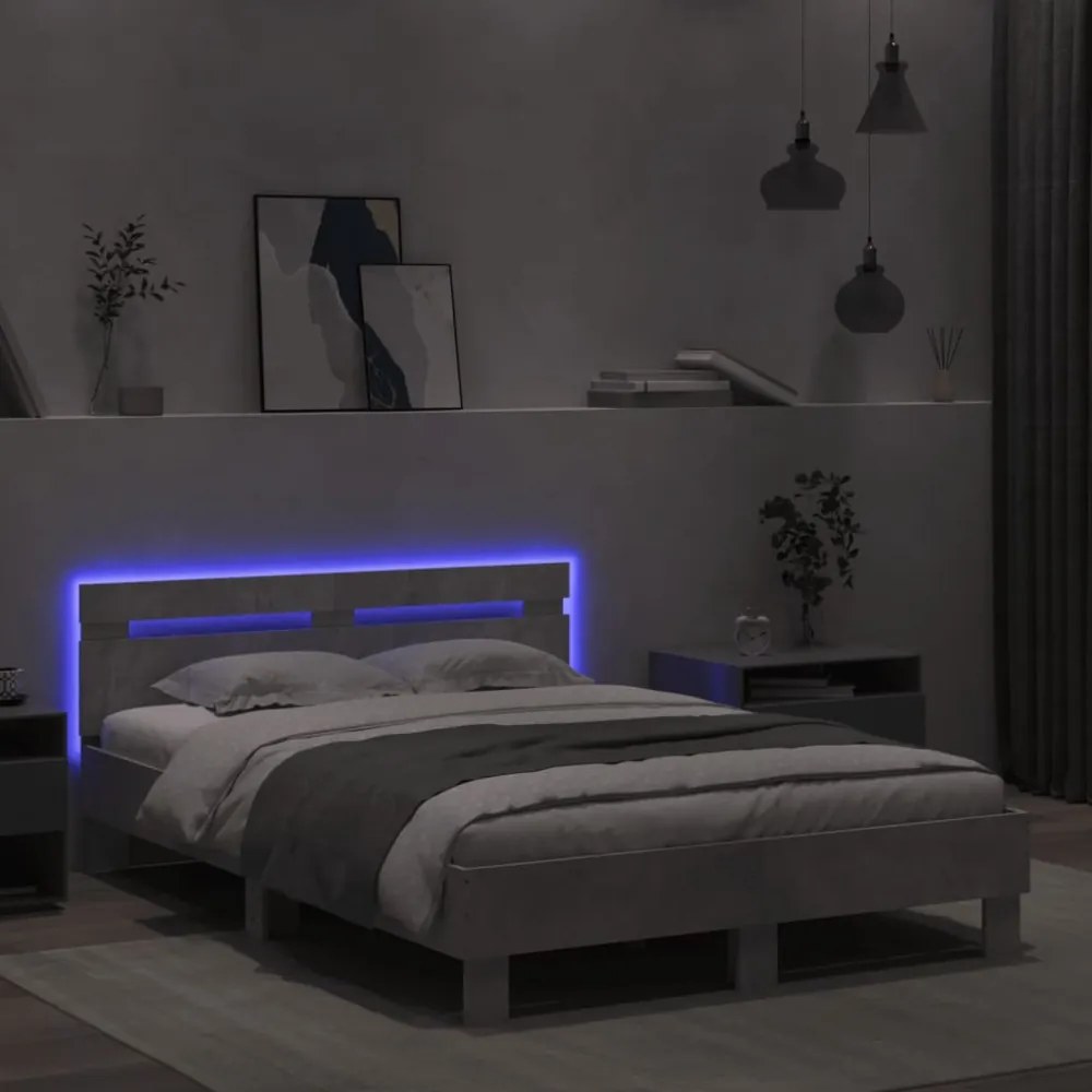 betonszürke ágykeret fejtámlával és LED-del 120x200 cm