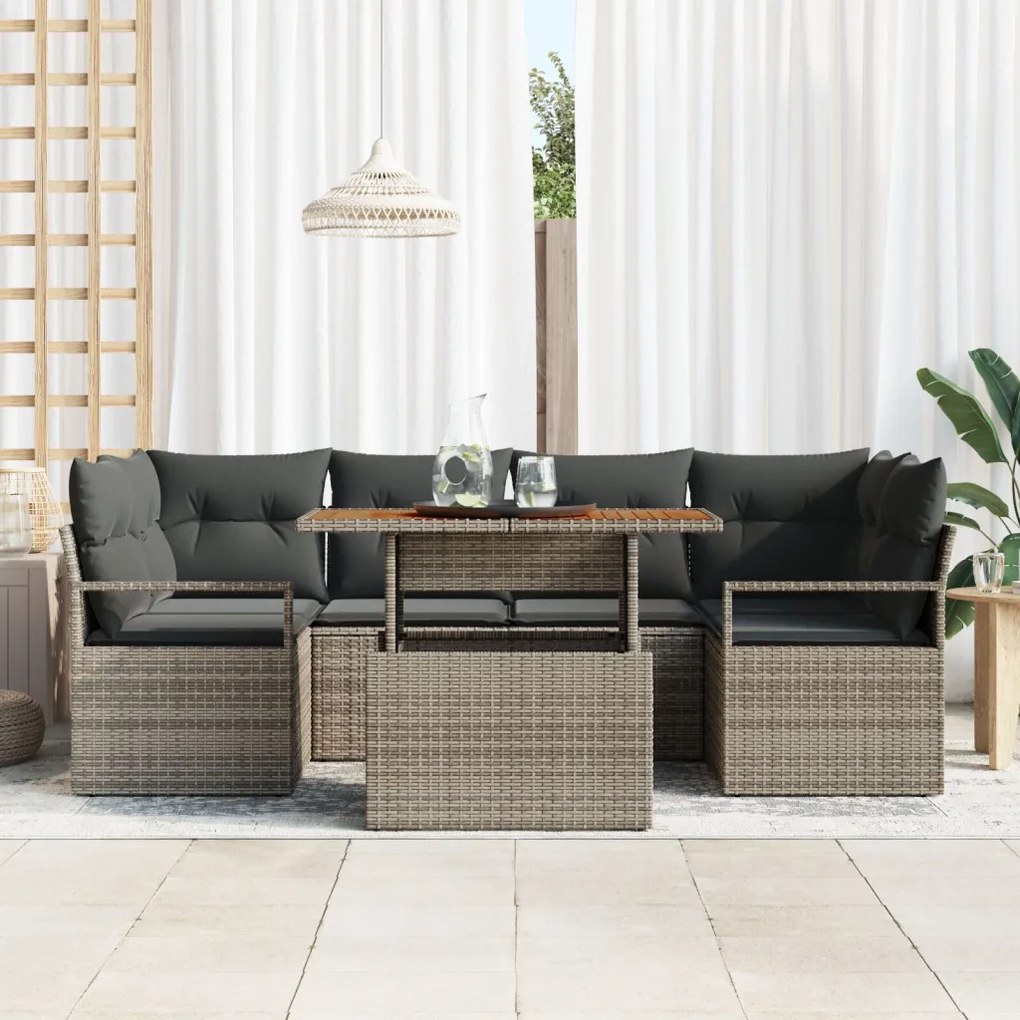 7 darabos kertiszófa szett párnákkal Szürke Poli Rattan Akác, 2 személyes kertiszófa párnákkal Szürke Poli Rattan