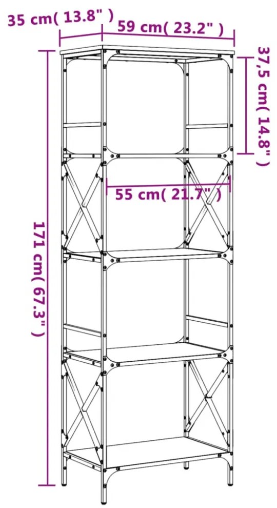 5 szintes füstös tölgy szerelt fa könyvespolc 59 x 35 x 132 cm