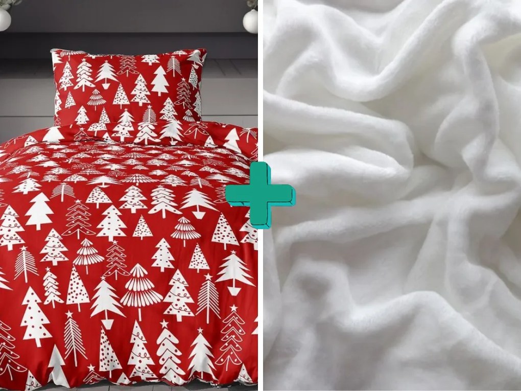 KARÁCSONYFÁK piros flanel ágynemű + SOFT fehér mikroplüss lepedő 90x200 cm