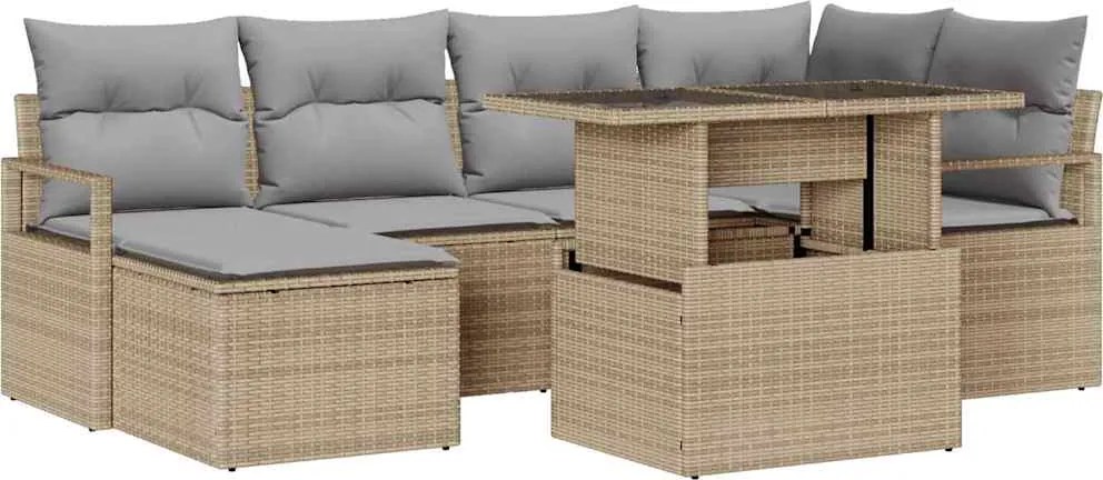 vidaXL Kerti Kanapé Szett tárolóval 7 pcs Bézs Poli rattan