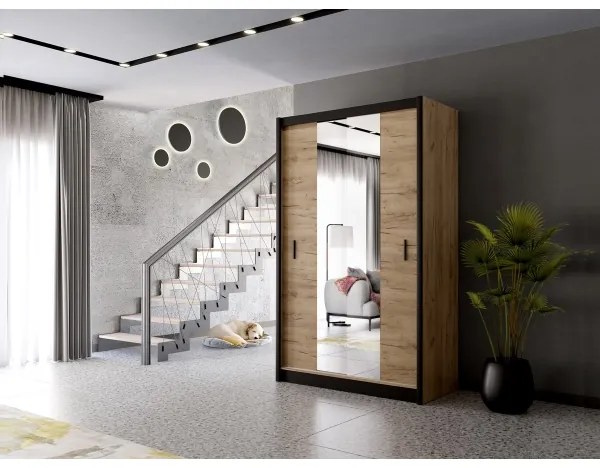 Gardróbszekrény MIRO 150x215 cm, tölgy craft/fekete, tükörrel