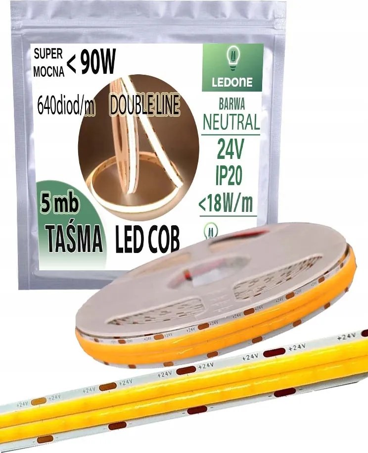 Cob Led Szalag 24V szuper erős 18w/m 1800 lm/m Neon vonal Double neutral 5M