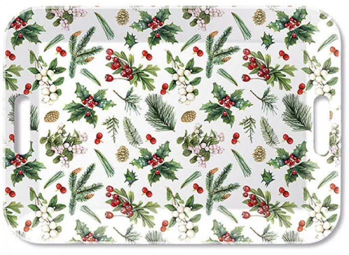 Karácsonyi műanyag nagy tálca 33x47 cm Winter greenery white