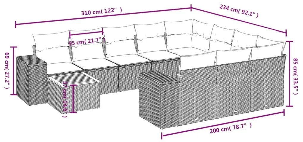 11 részes fekete polyrattan kerti ülőgarnitúra párnákkal