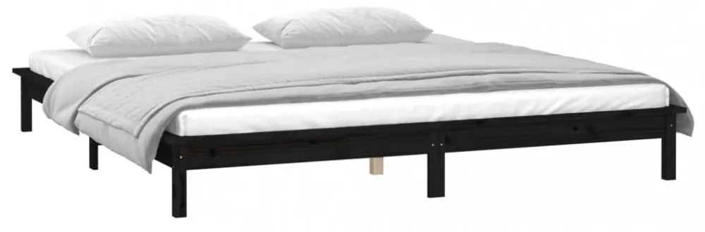 fekete tömör fa ágykeret LED-világítással 200 x 200 cm