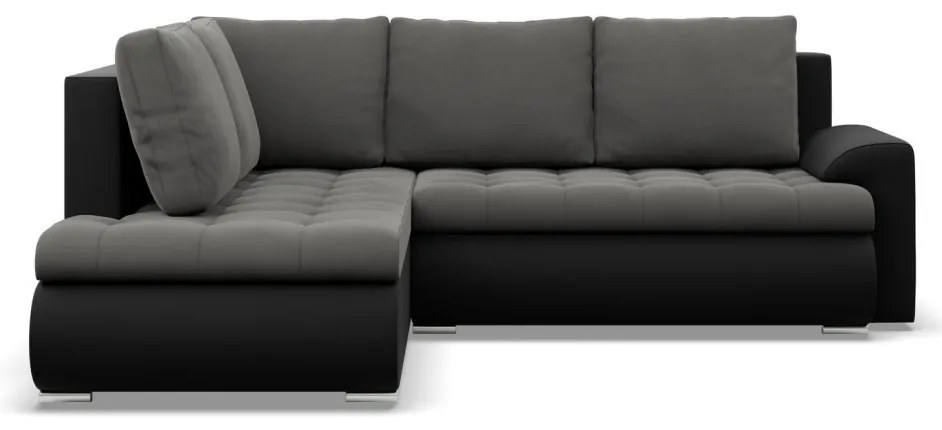 Tokio sarokkanapé, L alakú háttámlával, 2 ágyneműtartóval, bársony + műbőr, baloldali, szürke - fekete