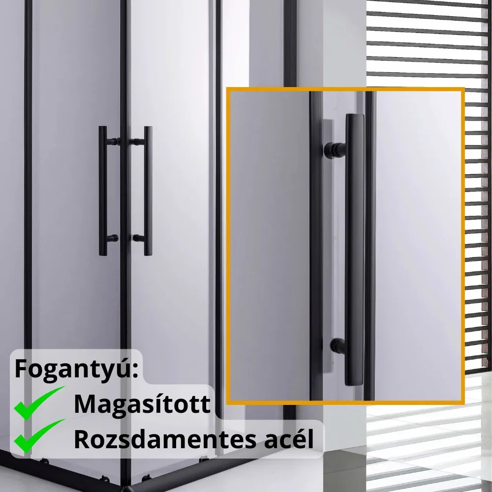 Stuxi Nizza Black 80x80 cm szögletes két tolóajtós zuhanykabin 6 mm vízlepergető biztonsági üveggel, fekete elemekkel, 190 cm magas, zuhanytálcával és szifonnal