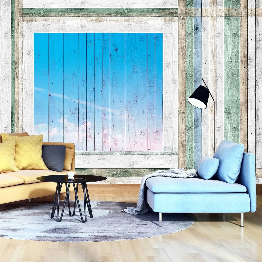 Fotótapéta - Fa deszkák - kék ablak (152,5x104 cm)