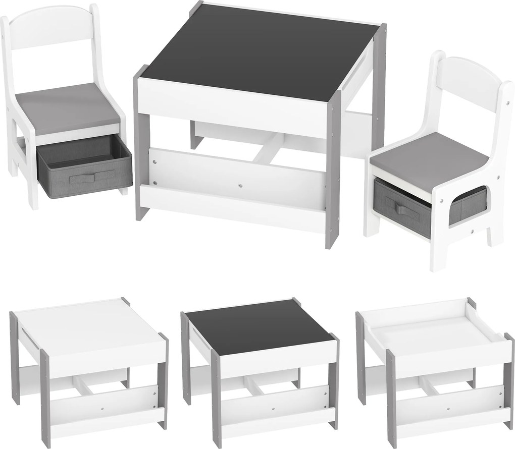 HOMCOM 3 darabos gyermek asztal és 2 szék szett, fordítható táblafelülettel, tárolókosárral és polcokkal - Szürke | Aosom