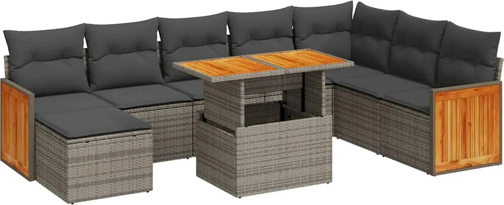 vidaXL 9 részes szürke polyrattan akácfa kerti ülőgarnitúra párnákkal