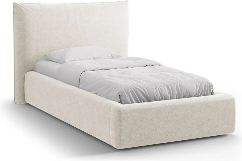 Krémszínű kárpitozott ágyneműtartós egyszemélyes ágy ágyráccsal 90x200 cm Kaelle – Micadoni