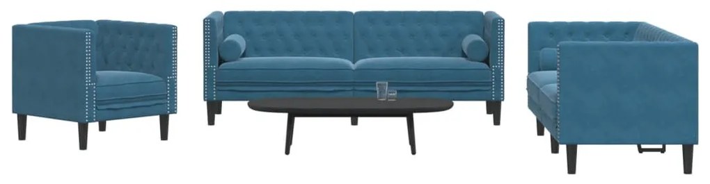 3 részes kék bársony Chesterfield kanapészett hengerpárnákkal