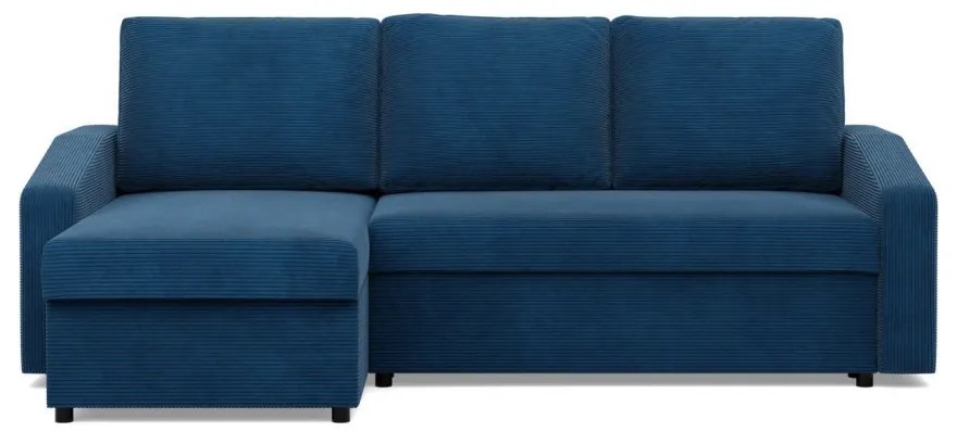 Zeus sarokkanapé, 1 ágyneműtartóval, döntött kartámasz, kordbársony, univerzális oldal, bonell töltet, kék