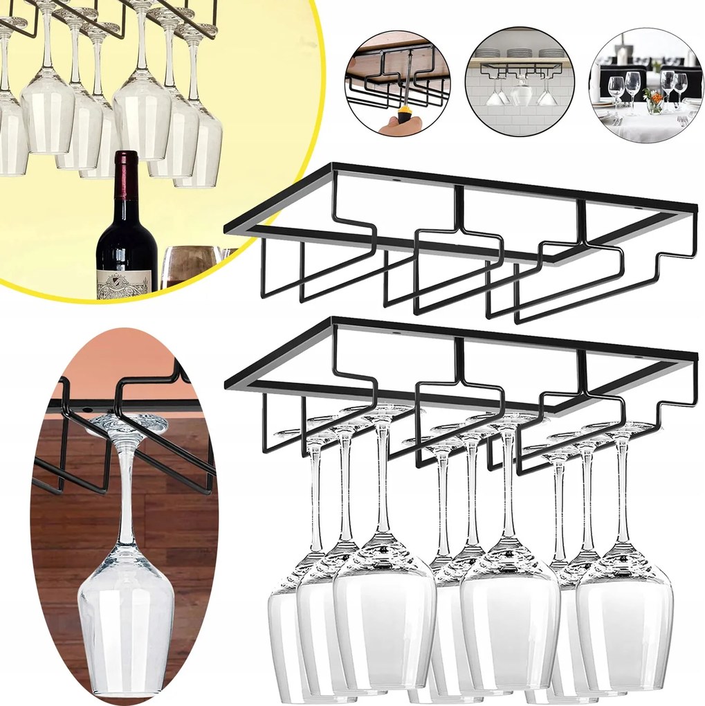 2x Borospohár Tartó Állvány, Szekrény Alatti Tartó 18 Borospohárhoz