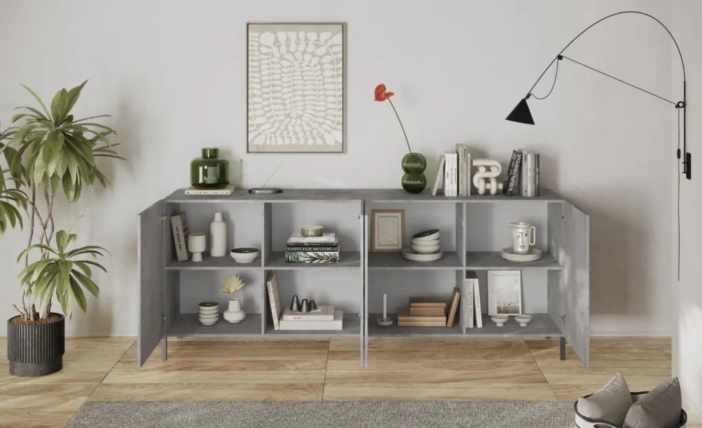 SNAKE négyajtós komód, betonhatású laminált testtel és szürke, díszített mintázatú előlapokkal