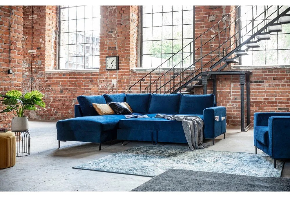 Sötétkék bársony kinyitható sarokkanapé (bal oldali) Lofty Lilly – Miuform