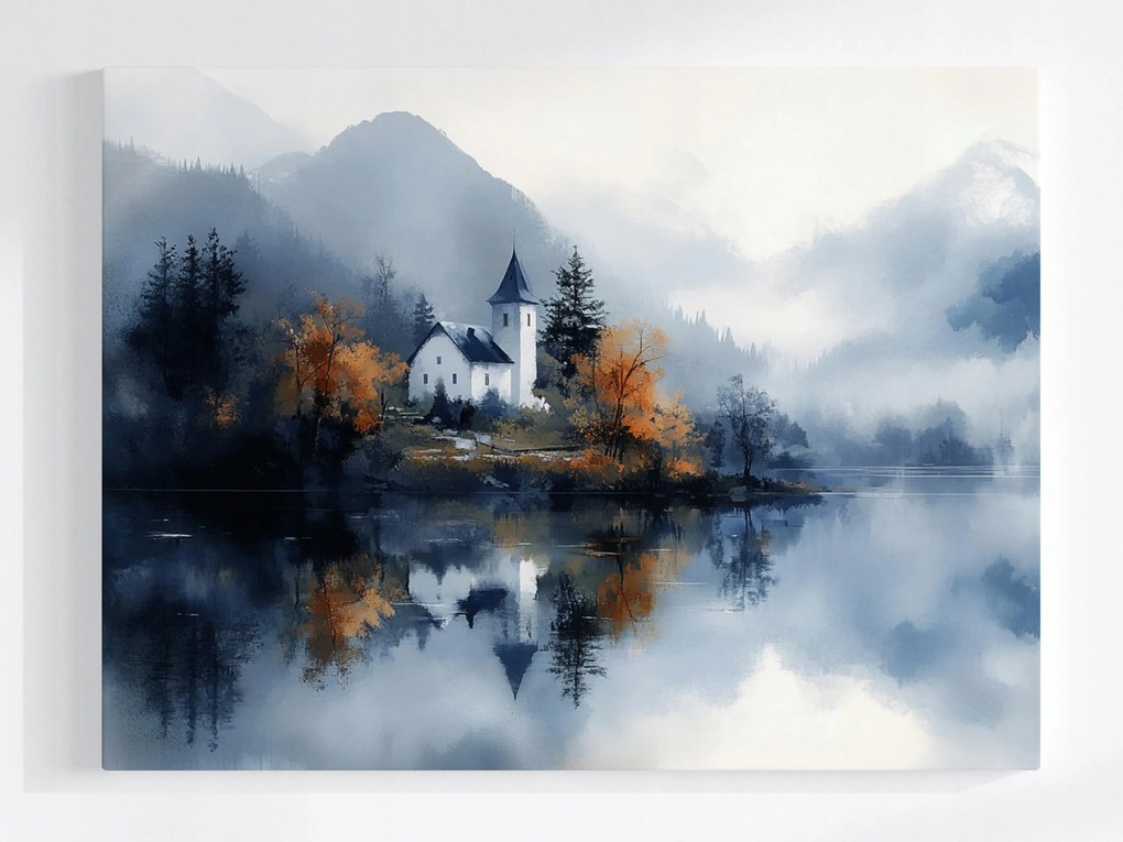 Vászonkép Canvas Tájkép Hegyek Tó Templom Ősz Erdő Köd 80x60