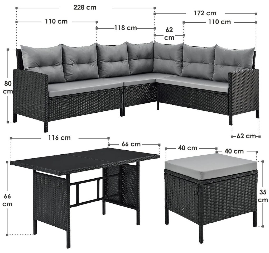 Juskys Kerti rattan szett Manacor - fekete, szürke párnák