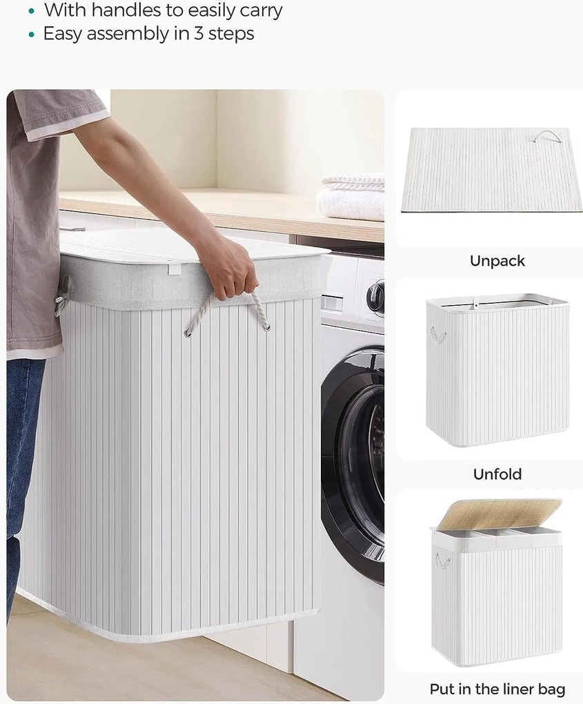 Bambusz kosár szennyestartó 3 rekeszes 3x50l, fehér