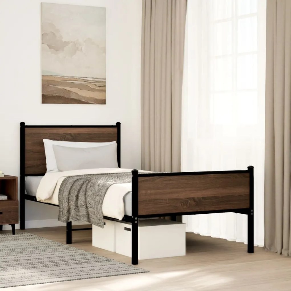 barna tölgy színű fém ágykeret matrac nélkül 90 x 200 cm