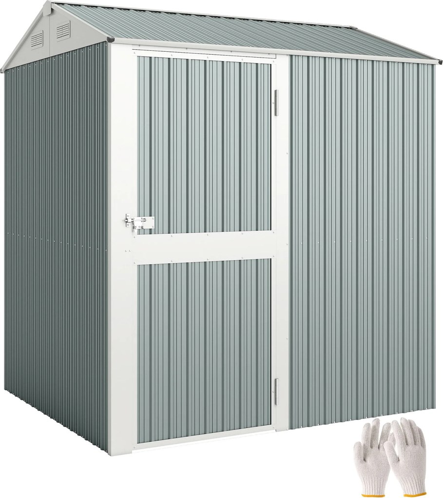 Outsunny fém szerszámos fészer 3,5 m² – magas, zárható kerti tároló kontyolt tetővel, szellőzőkkel és kesztyűvel, 209 × 177 × 236 cm, világosszürke |