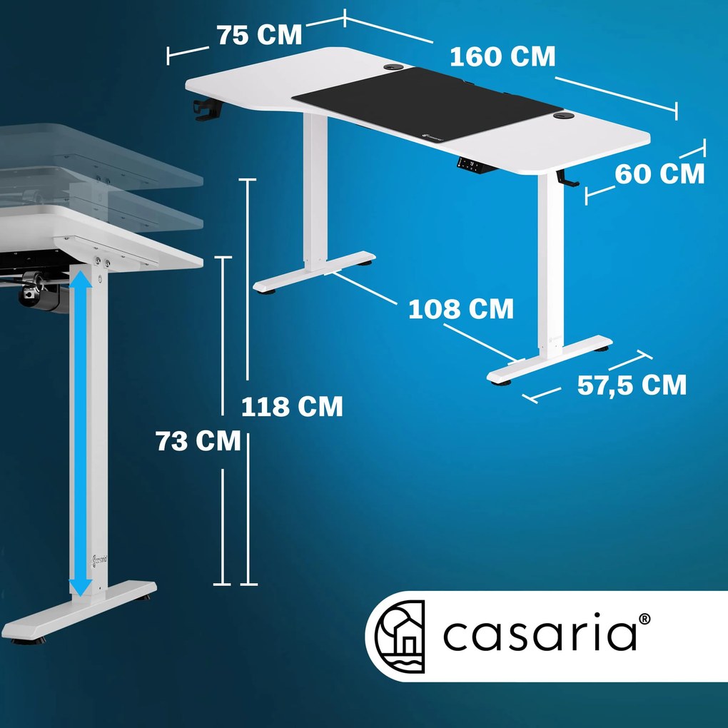 Casaria® Állítható magasságú irodai íróasztal 160x75x118cm matraccal - fehér