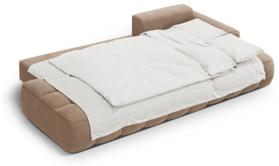 Világosbarna bársony kinyitható-tárolóhelyes sarokkanapé (jobb oldali-heverő résszel) Linz – Cosmopolitan Design