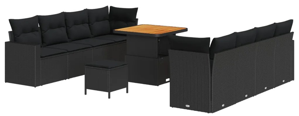 11 darabos kerti kanapé szett párnákkal fekete poli rattan akáciából, 3 darabos kerti étkező szett párnákkal fekete poli rattan akáciából